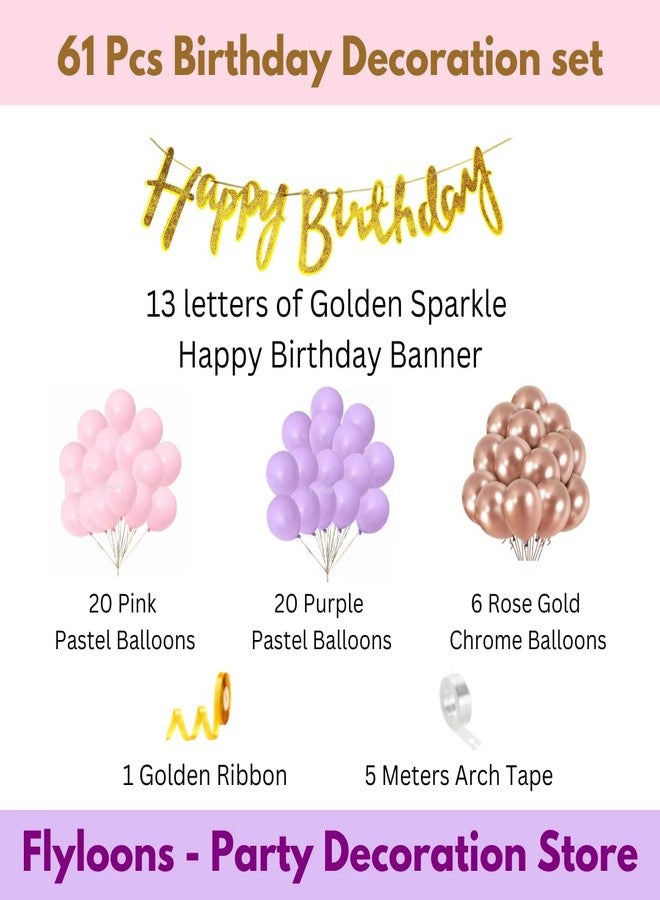Flyloons Purple Pink birthday decoration items for Girls Kids baby 61pcs Set, Golden Glitter happy birthday banner, Pastel and Rose Gold Chrome Balloons, Arch Tape for Ring Design - Image 2
